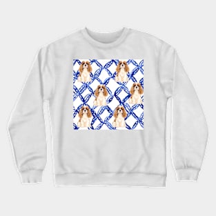 King Charles spaniels and blue lattice seamless pattern Crewneck Sweatshirt